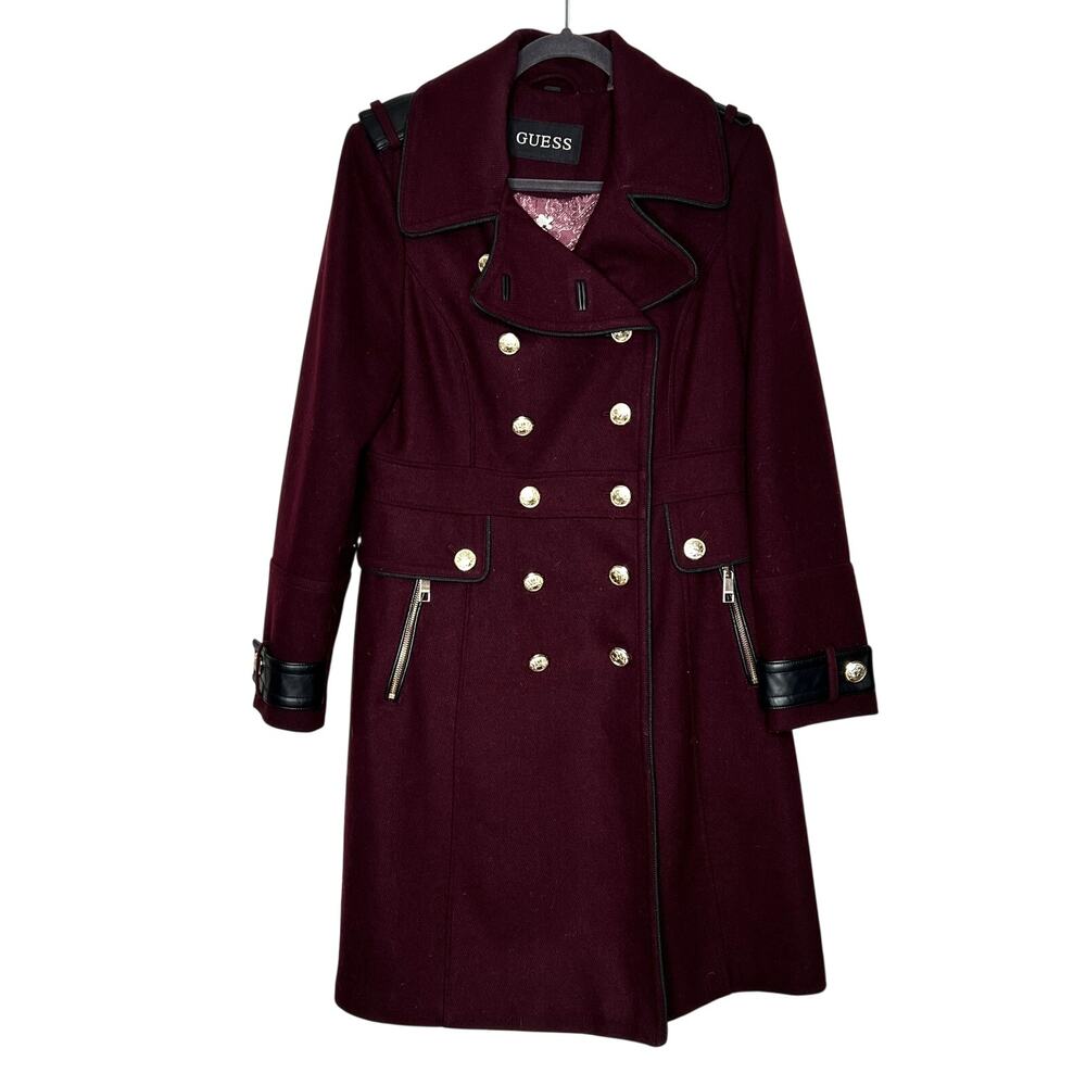 GUESS Walder Large Burgundy Wool Blend Peacoat Trench Coat Gold Buttons